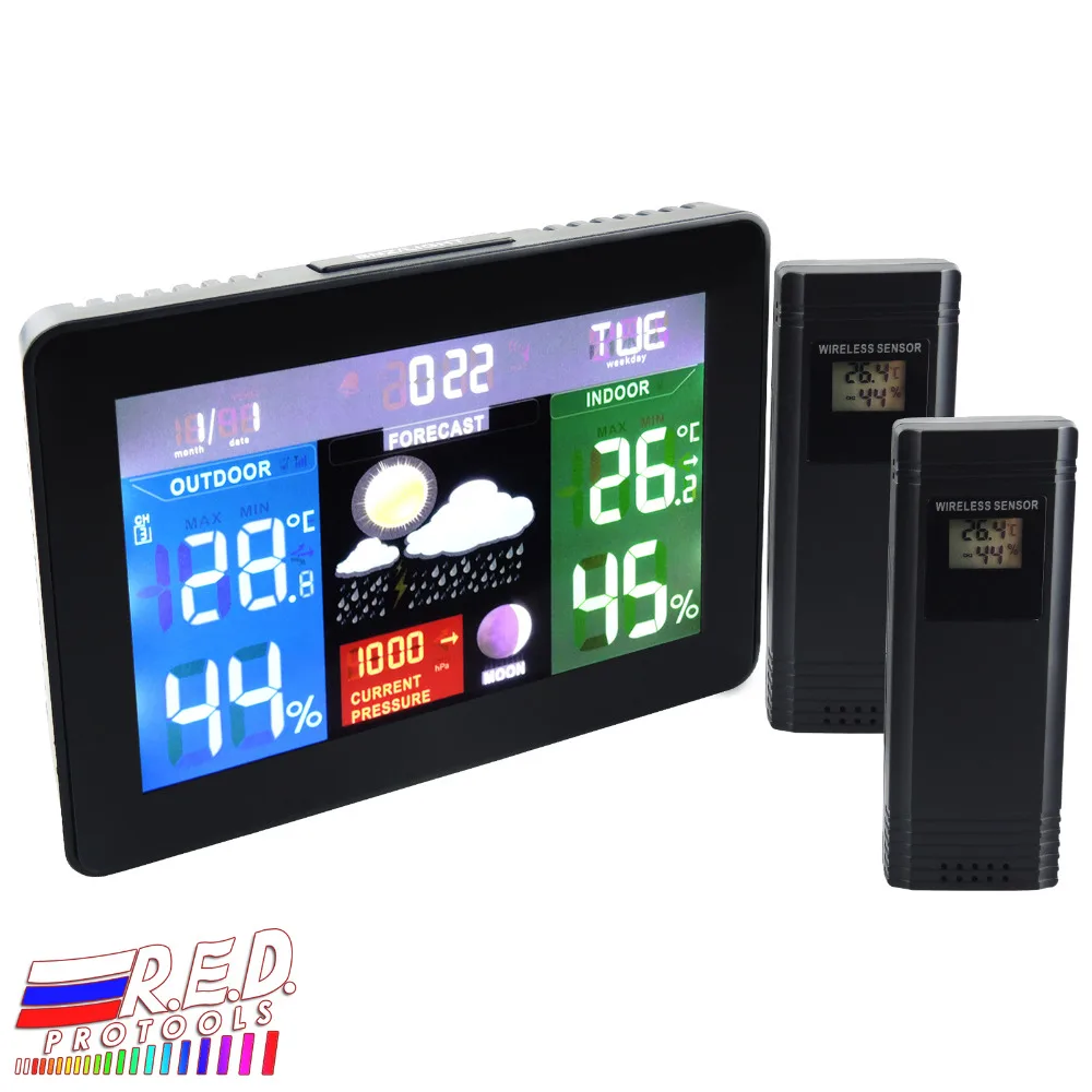 Prix 2 Capteurs Sans Fil Station Météo, couleur Affichage Radio Contrôlée Horloge Baromètre RH % Température Lune Phase 5 Prévisions Météo