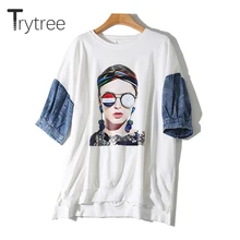 Trytree летняя повседневная женская модная футболка с принтом и круглым вырезом, женский топ из хлопка, Лоскутная футболка с короткими рукавами, модная женская футболка