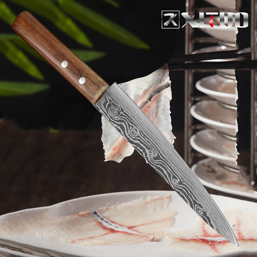 

XTUO Chef Knife 8"inch Japanese Salmon Slicing Knife 440c High Carbon Stainless Steel Blade+Damascus Laser Pattern Sashimi Tools