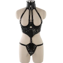 Высокий Воротник Жгут шип кожаный ремень безопасности набор падений Тела Бондаж пенти подгоняемый костюм Готический фетиш бдсм корсет