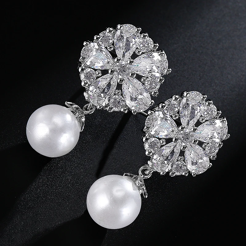 UILZ Round Imitation Pearl Earrings Hang Snowflake Flower Cubic