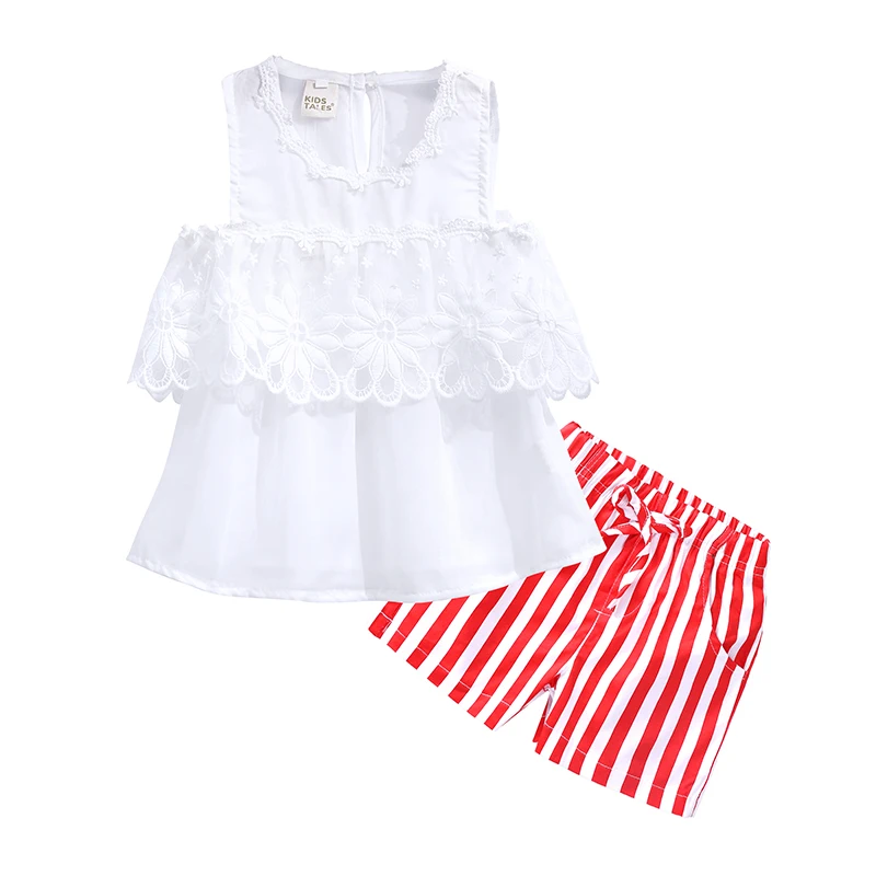 summer toddler baby girls clothes suit 2 pcs kids clothing sets fashion white  sleeveless lace T-Shirt tops+red stripe shorts