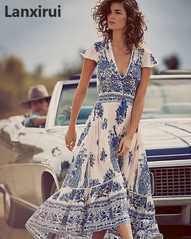 

2018 Women Retro Print Long Dress Summer Deep V Maxi Dress Vintage High Split Chiffon Women Sundress 5XL
