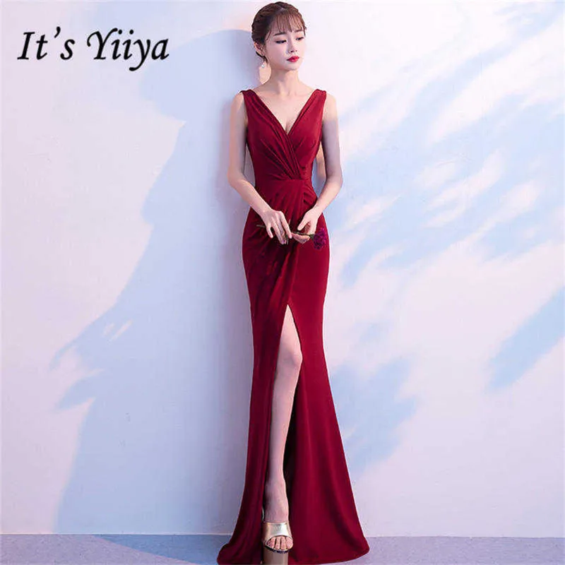 

It's YiiYa Dark Red Trumpet Evening Dresses V-neck Sleeveless Dinner Vestidos Sexy Split Party Gowns CQX003
