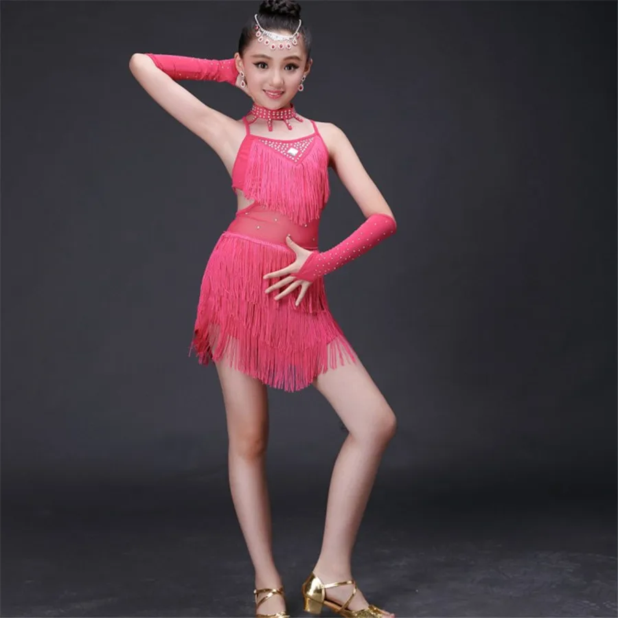 Детское платье для латиноамериканских танцев с блестками и кисточками, танцевальное платье для девочек, вечерние платья для гимнастики, танцевальные костюмы для сцены