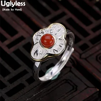 

Uglyless 100% Real Solid 925 Sterling Silver Handmade Lotus Leaf Rings for Women Open Finger Ring Agate Ethnic Fine Jewelry Gems