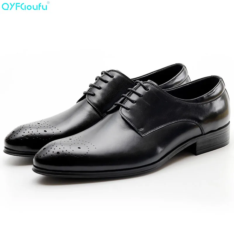 

QYFCIOUFU New Genuine Cow Leather Pointed Toe Italian Men Shoe Fashion Dress Shoes Oxfords Black Red Wine Lace-up Vintage Shoes
