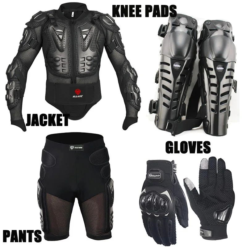 Один комплект 4в1 мотоциклетная куртка/короткие штаны наколенники/защитные перчатки/броня для мотокросса костюм для мотокросса одежда мото перчатки - Цвет: Черный
