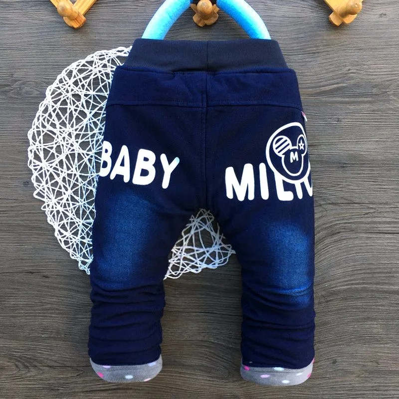 New Kids Jeans Print Infant Pants Winter Warm Trousers Stretch Knit Outerwear Unisex Denim Pants Thick Quilted Children Clothing (4)