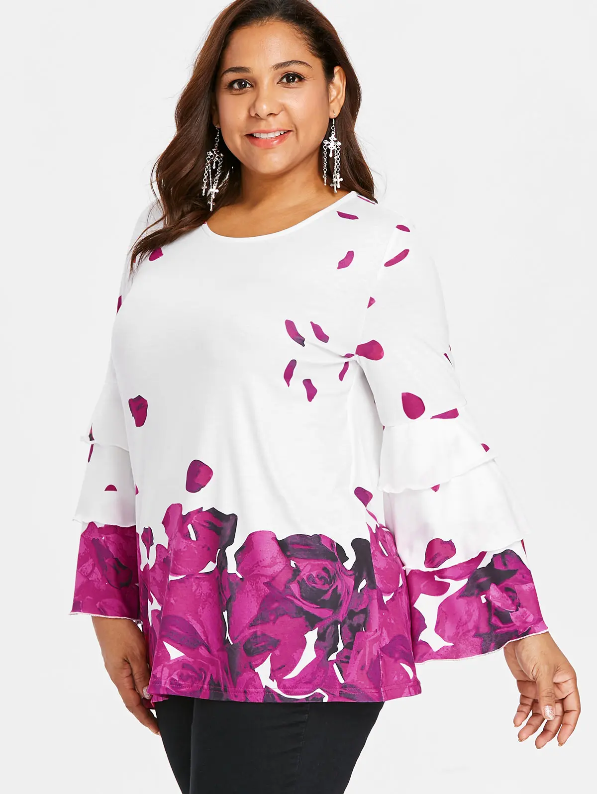 Wipalo Plus Size Floral Pattern Flared Sleeve Layered Sleeve Rose Petal ...