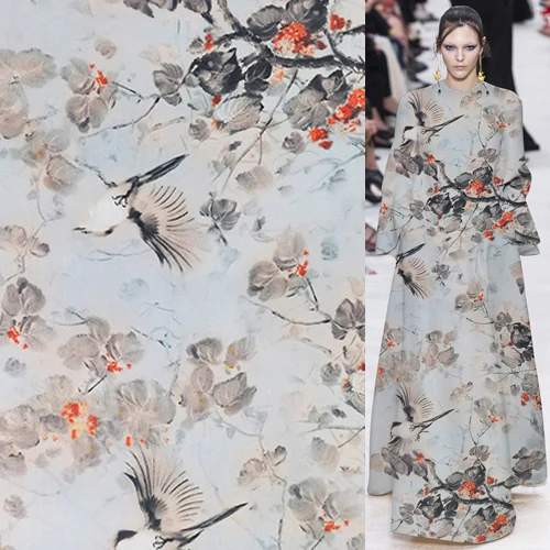 

Floral and bird print pure silk organza silk fabric width satin surface,SOZ172