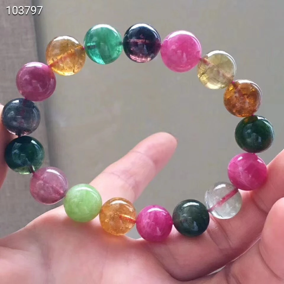 

Genuine Natural Colorful Tourmaline Round Beads Bracelets Woman Man 12.2mm Top Quality Reiki Stone Healing AAAAA Certificate