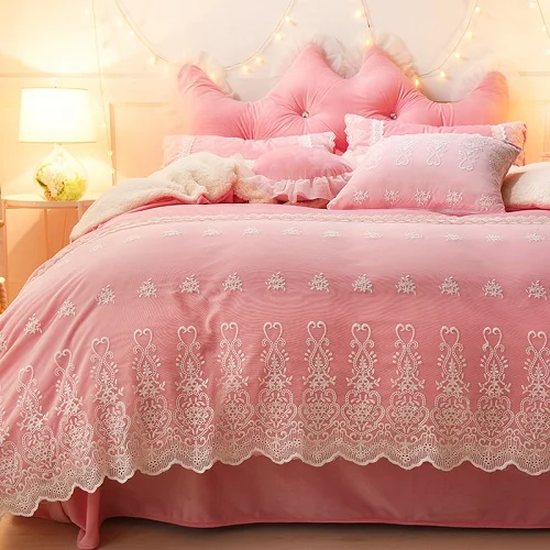 Blue Pink Purple Soft Berber Fleece Princess Girl White Lace Bedding Set Fleece Fabric Duvet Cover Bed sheet/Linen Pillowcases - Цвет: 1