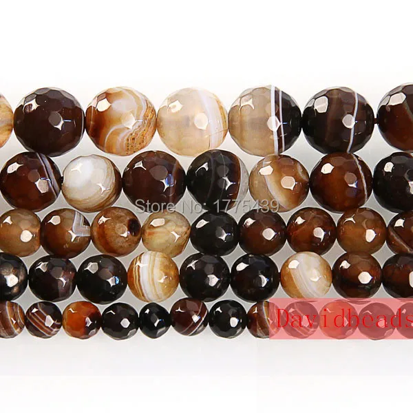 

Free Shipping 16" Strand Natural Stone Faceted Brown Stripe Agat Round Beads 4 6 8 10 12MM Pick Size For Jewelry Making