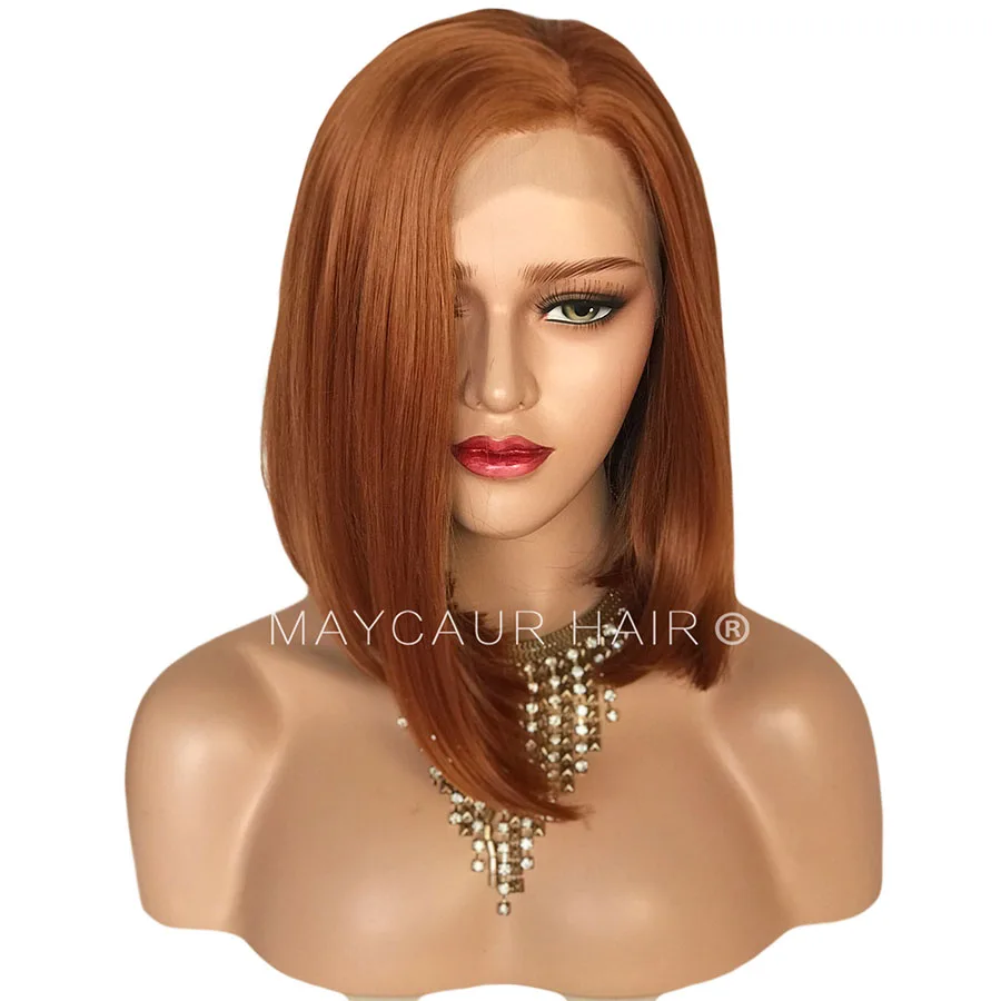Maycaur Short Bob Synthetic Lace Front Wigs Natural Hairline Orange Color Glueless Straight Cut Bob Hair  for Women (1)
