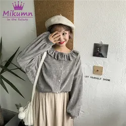 Японская Мори девушка Вельветовая рубашка женская с длинным рукавом милые однотонные оборки воротник Повседневная Блузка 2019 осень
