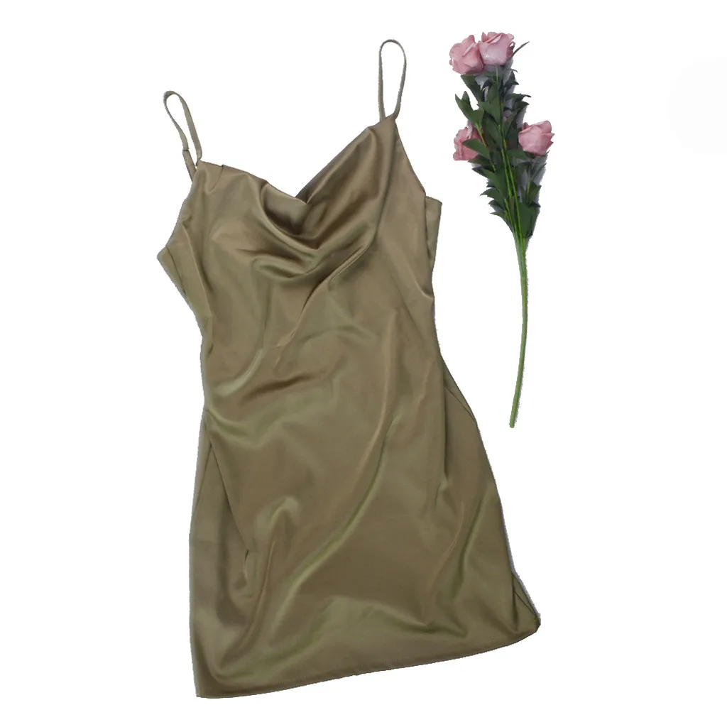 Сексуальное сатиновое платье на бретелях, женское летнее повседневное сексуальное однотонное платье без рукавов с v-образным вырезом, женские вечерние мини-платья vestidos mujer