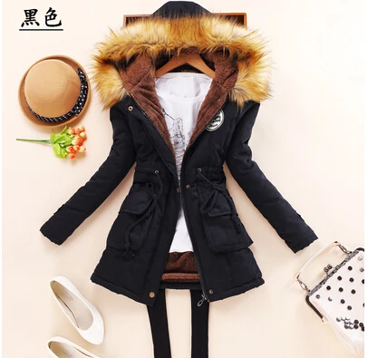 Новые зимние пальто в стиле милитари, Женский хлопковый капюшон с подкладкой, куртка средней длины, Повседневная парка, толщина размера плюс, XXXL, стеганая зимняя верхняя одежда - Цвет: black