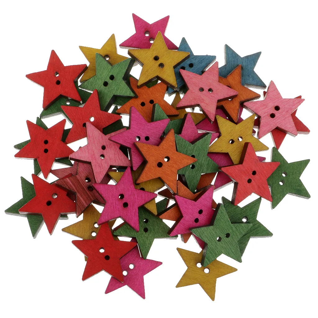 50x Rustic Wood Painted Star 25mm Sewing Wooden Buttons For Clothes Decorative Button Crafts Scrapbooking Card Making Crafting