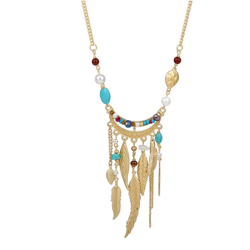 Europe and America long section leaves crystal tassel pearl necklace female imitation turquoise beads sweater chain N164