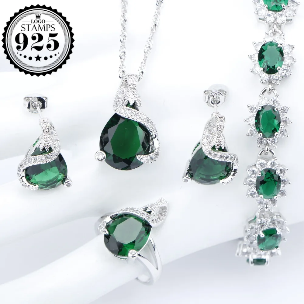 

925 Silver Costume Bridal Jewelry Sets Women Green Zircon Bracelets Necklaces Pendants Earrings With Stones Rings Set Gift Box
