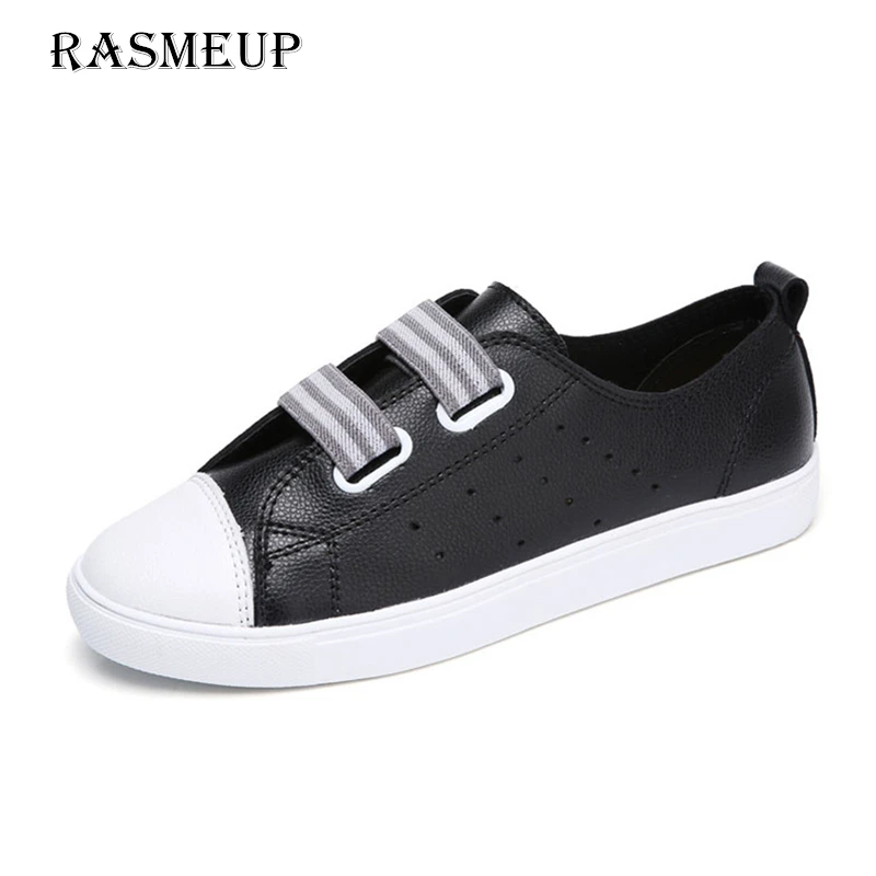 

RASMEUP Genuine Leather Women's Flat Sneakers 2018 Spring Women Slip On Casual Soft Flats Loafers Black White Woman Boat Shoes