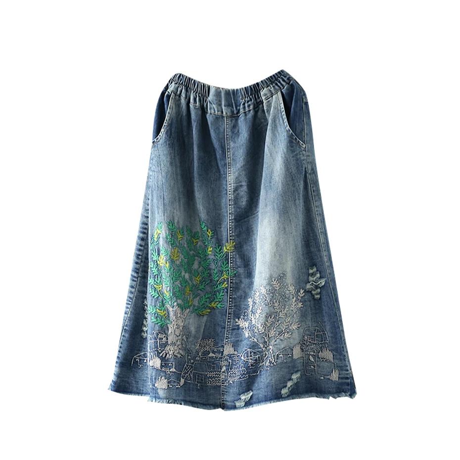 

Women Denim Mori Girl Prairie Chic Fashion Skirt Long Midi Big Loose Elastic Waist Skirt Embroidery Floral Holes AZ39292923