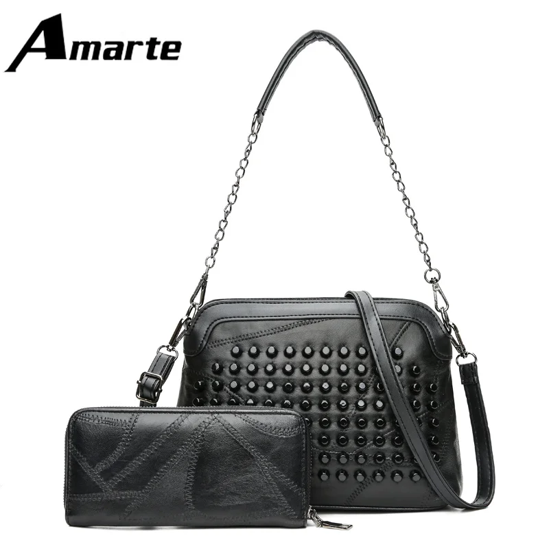 

Fashion women bag new 2 piece combination rivet wild sheepskin stitching soft leather shoulder Messenger bags casual banquet bag