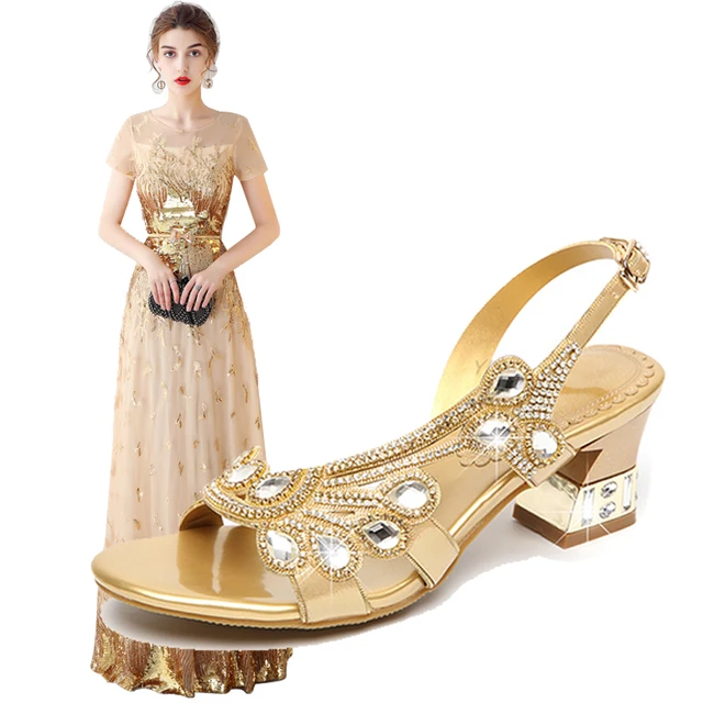 Fashion Woman Evening Dress Shoes Match Golden Long Dress Rhinestone Leather High heeled Shoes