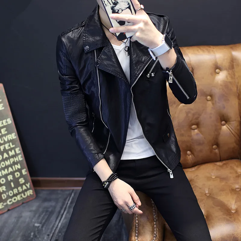 

2018 new men's fashion leather jacket men's Slim leather youth motorcycle jaqueta de couro masculino XD183