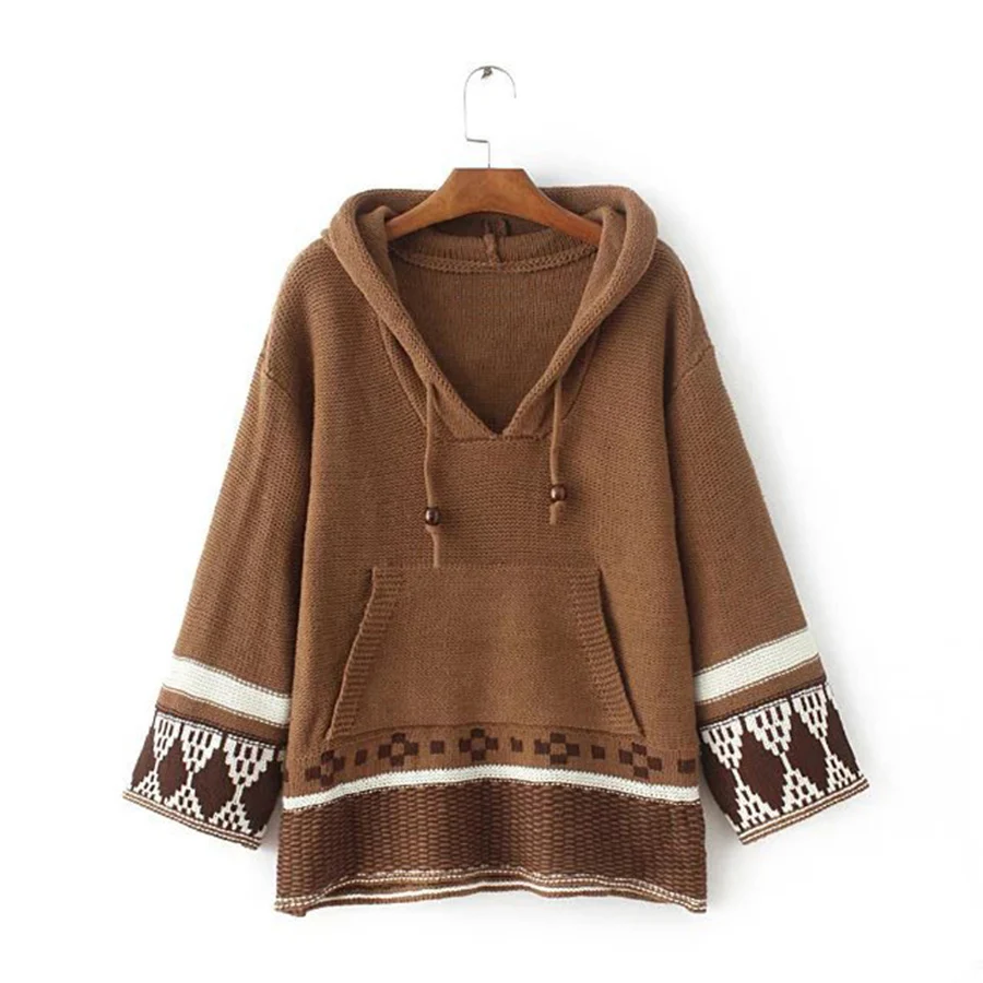2017 chic boho winter knitted women sweater pullovers ethnic embroidered Nine point sleeve loose Hippie Bohemia Hooded sweaters