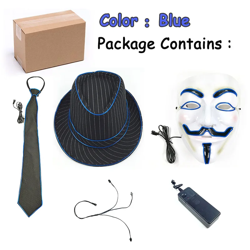 Set 1-Blue Горячая Распродажа унисекс фестиваль светодиодный светильник «рэйв» вечерние светящиеся костюмы EL Hat+ светящийся галстук+ неоновая маска как светодиодный аксессуары и светящиеся вечерние принадлежности - Цвет: Set 1-Blue