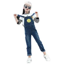 Детские комбинезоны джинсы для девочек Дети Улыбка джинсовый комбинезон детские брюки для девочек рваные комбинезоны Дети Демисезонный брюки E434