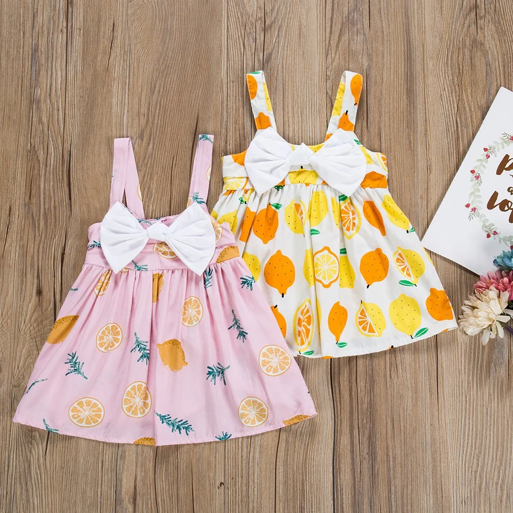 

Girls Summer Dress Cotton Bow knot Fruits Print Suspender Princess Party Dresses Children Costume for Kids Clothes k0313