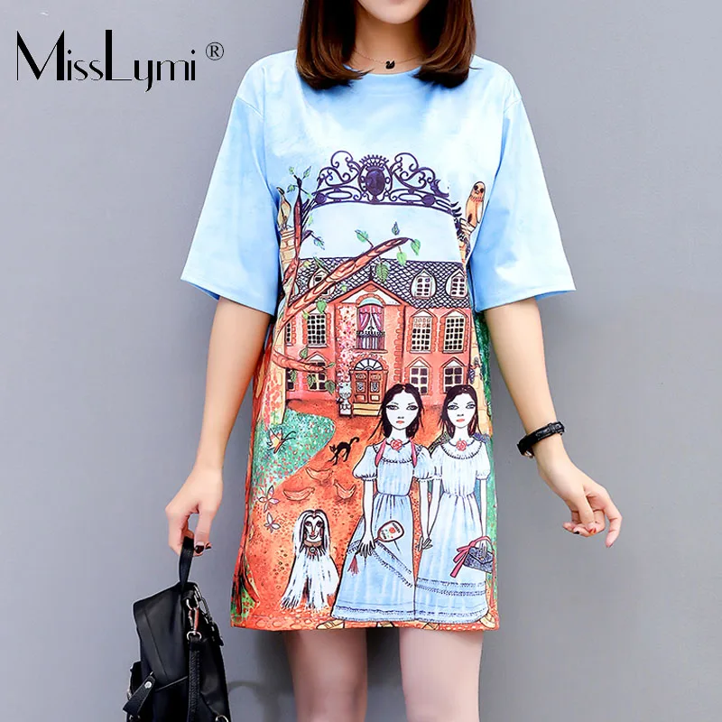 

M-XXL Big Size Women T shirt Dress Summer 2019 Cartoon Girls and House Print Short Sleeve Blue Loose Casual Mini Beach Dresses