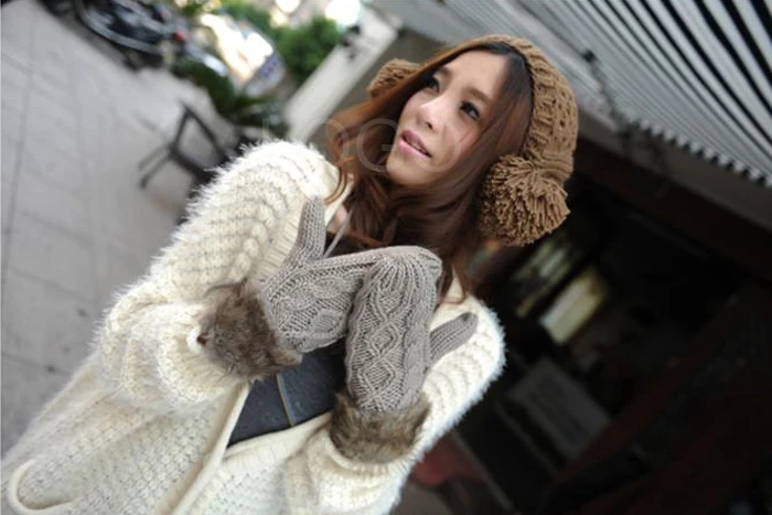 Распродажа Модные женские теплое зимнее Вязание Шерсть и флисовая подкладка перчатки для рук - Цвет: Светло-серый