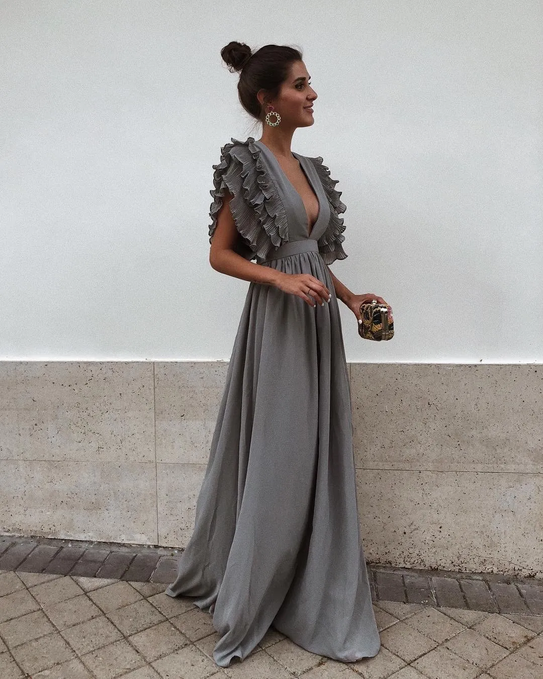 6 Colors Fashion Women Sexy Short Sleeves Maxi Dress Gray Solid Long Party Dress Butterfly Sleeve V Neck Backless Beach Dresses Dresses