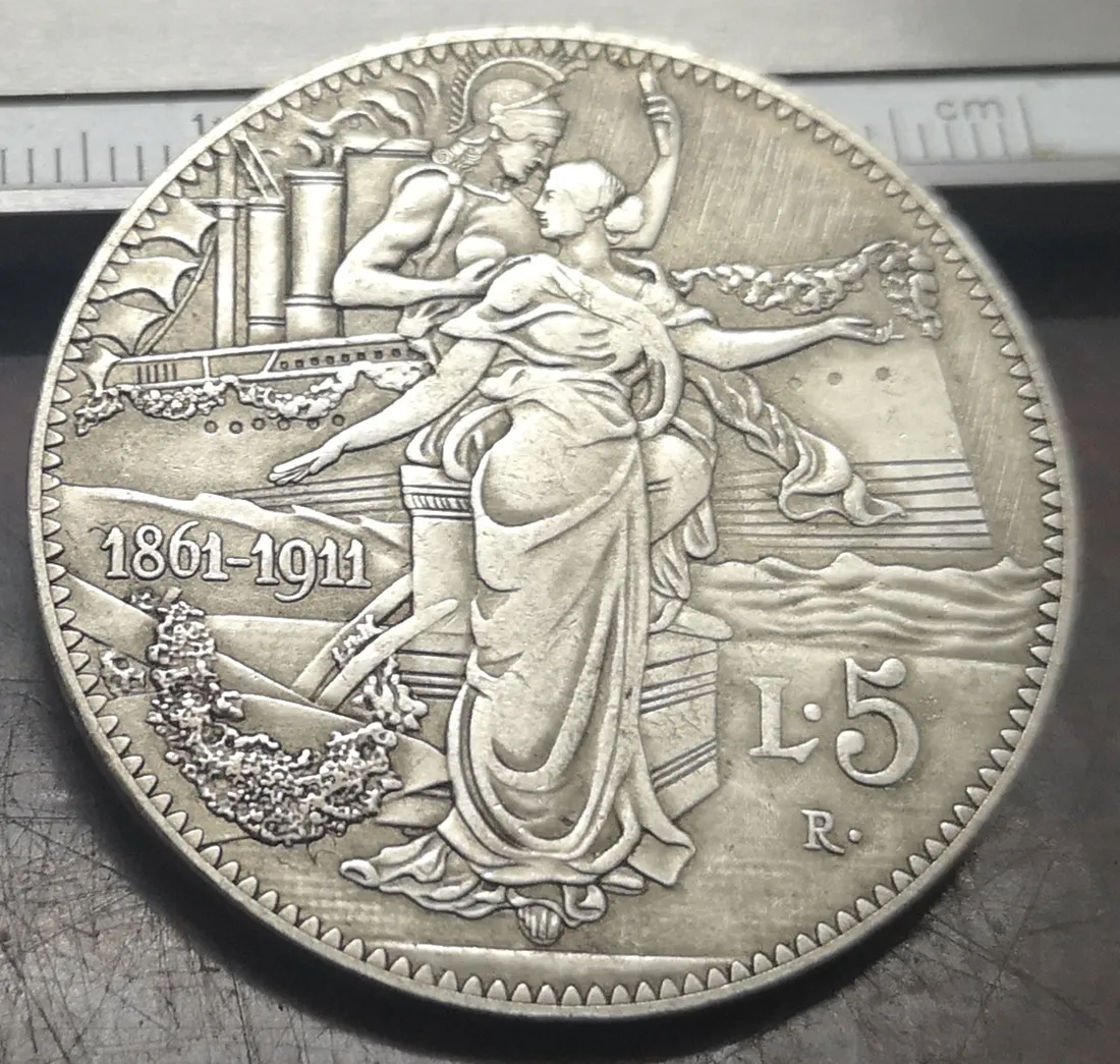 1911 Италия 5 Lire-Vittorio Emanuele III Посеребренная копия монеты