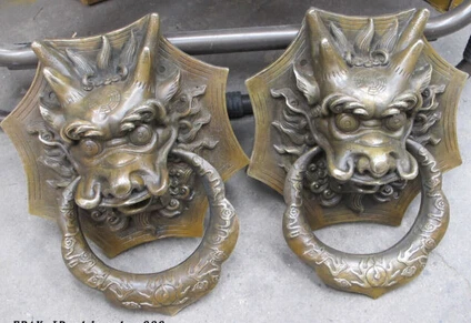 

Art Bronze Decoration Crafts Brass 10" Feng shui china folk bronze Dragon head knocker Knock door ring statue Pair