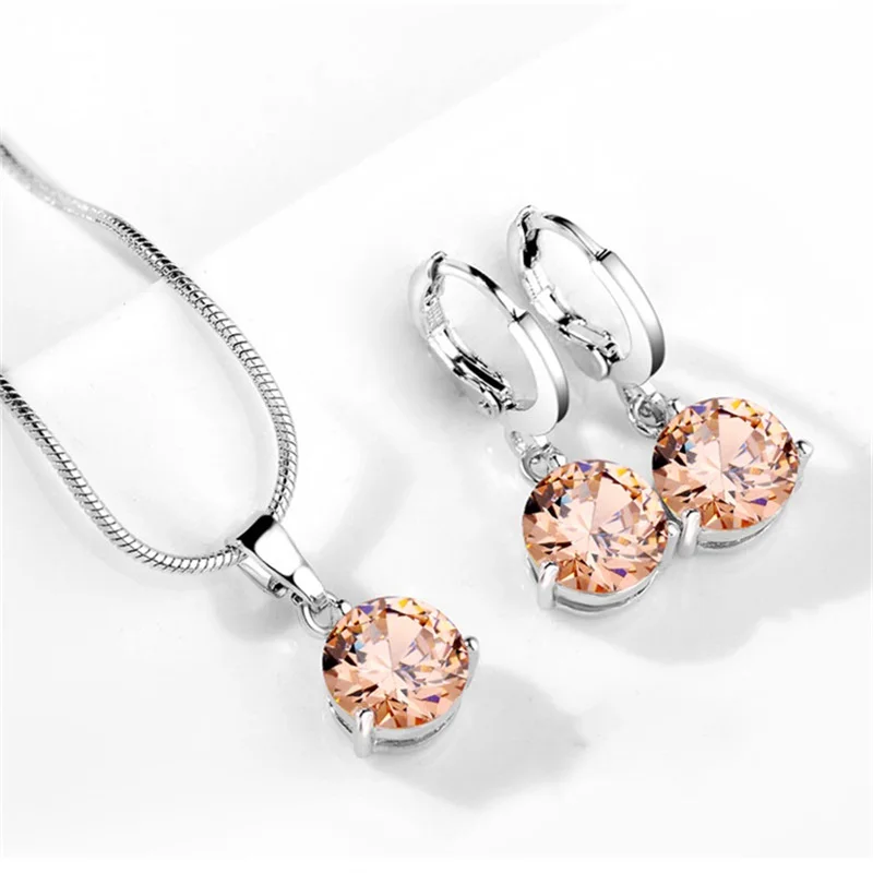

jewelry Sets Copper multicolor round AAA Cubic Zirconia Necklace Drop Earring Wedding Crystal Women Fashion Party Jewelry Gift