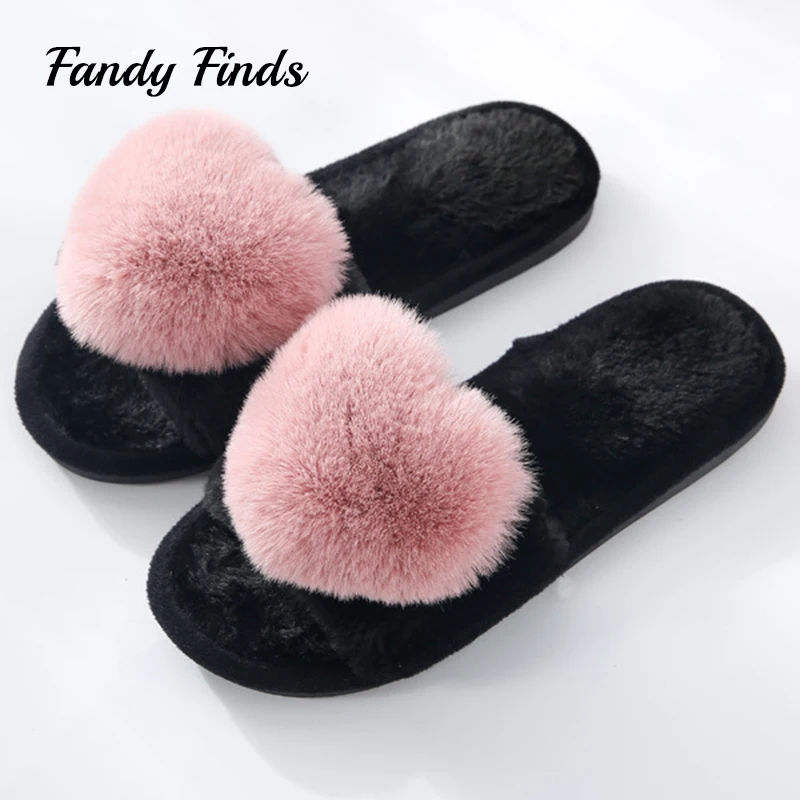 

Fandy Finds Home Slippers Women Winter Faux Fur Pink Heart Plush Warm Girl Indoor Flat Non-Slip Soft House Slippers
