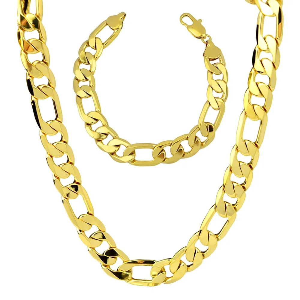 18k Gold Mens Figaro Chain Bracelet 8.6" + Necklace 24" Jewelry Sets