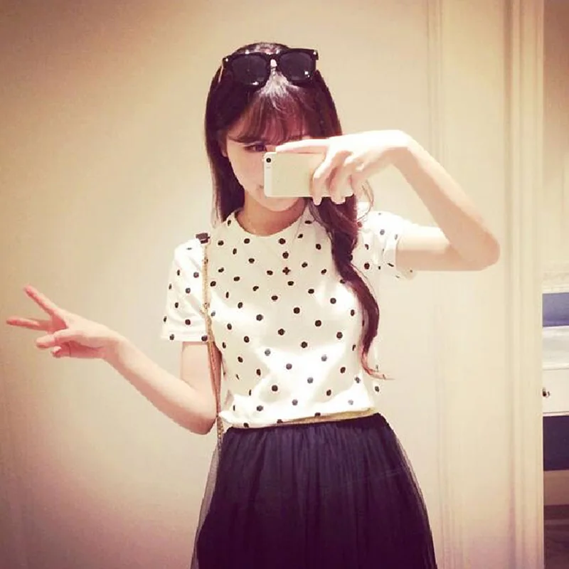 Модная Корейская летняя футболка абрикосовый точечный принт базовый с коротким рукавом o-образным вырезом Женские футболки тонкая