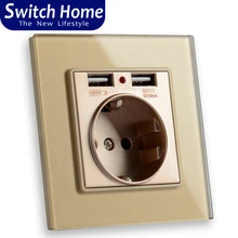 Переключатель домашней хрустальной стеклянной панели с двойным usb зарядным портом 2.1A настенное зарядное устройство адаптер 16A розетка EU розетка белый/черный/золотой