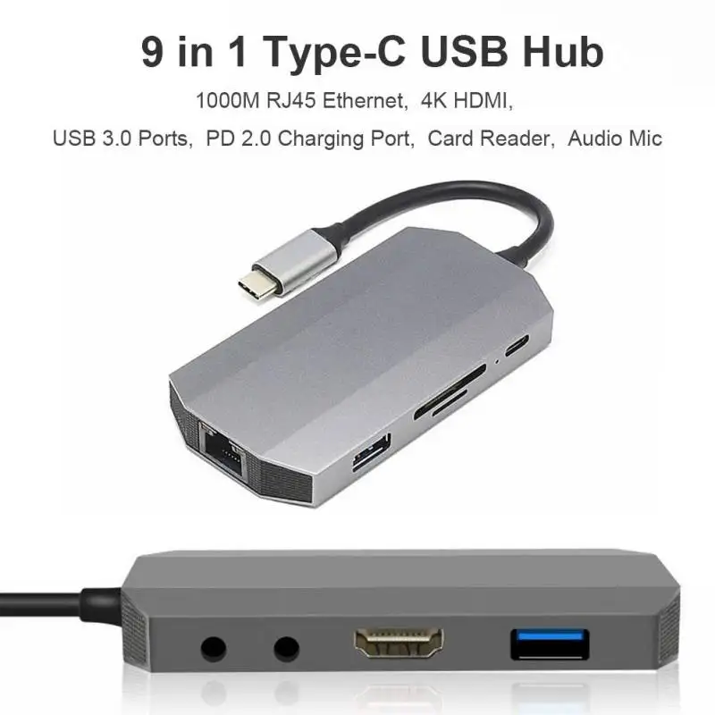 

9in1 USB Hub Type-C to HDMI 4K 2Port USB3.0 HUB SD TF Card Reader RJ45 USB Sound Card 3.5mm Audio Jack USB-C PD Charging Adapter