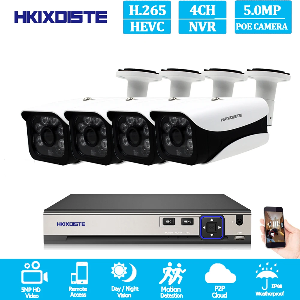 

4ch 5MP POE Kit H.265 System CCTV Security Up to16ch NVR Outdoor Waterproof IP Camera Surveillance Alarm Video AHCVBIVB