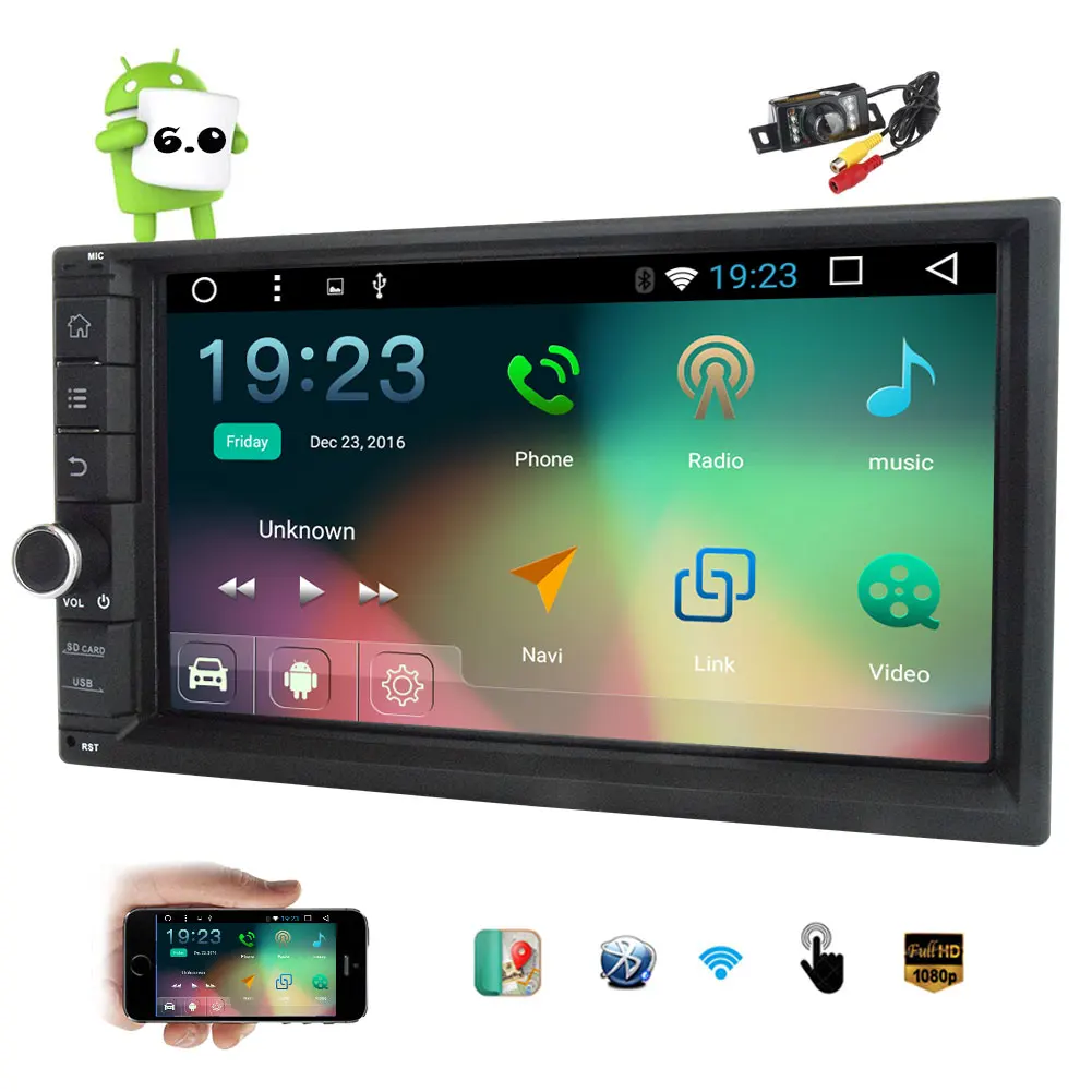 Free Cam+7" Car Stereo 2G RAM Android 6.0 Autoradio Touchscreen Double