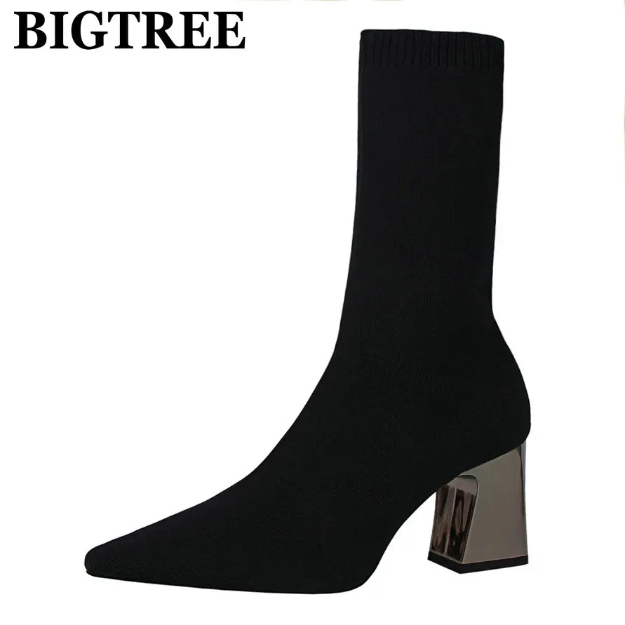 BIGTREE Women Ankle Boots Stretch Fabric Sock Boots Chunky High Heels Stretch Women Autumn Winter Sexy Booties Pointed Toe 178-7