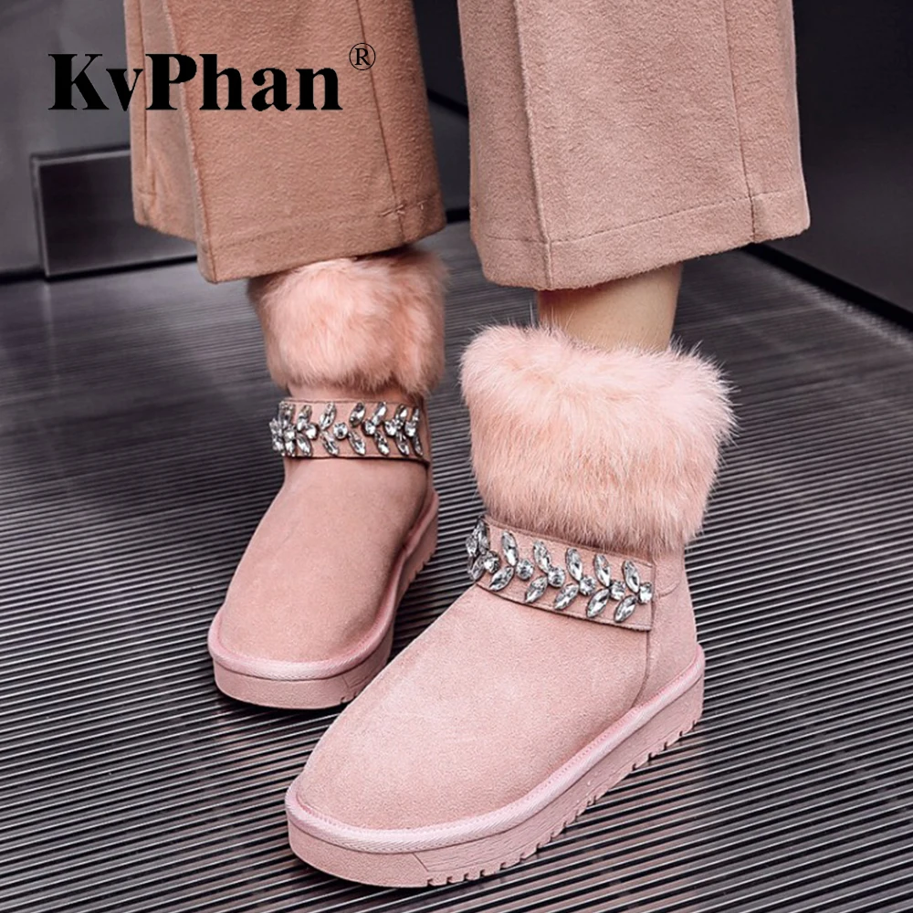 

Warm Real Fur Crystal Snow Boots for Women KvPhan New Size 34-43 Black Pink Round Toe Solid Slip-on Cow Suede Winter Women Shoes
