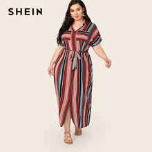 SHEIN, платье-рубашка в полоску с разноцветными карманами и заплатками размера плюс,, женские летние повседневные длинные платья на пуговицах с воротником и разрезом
